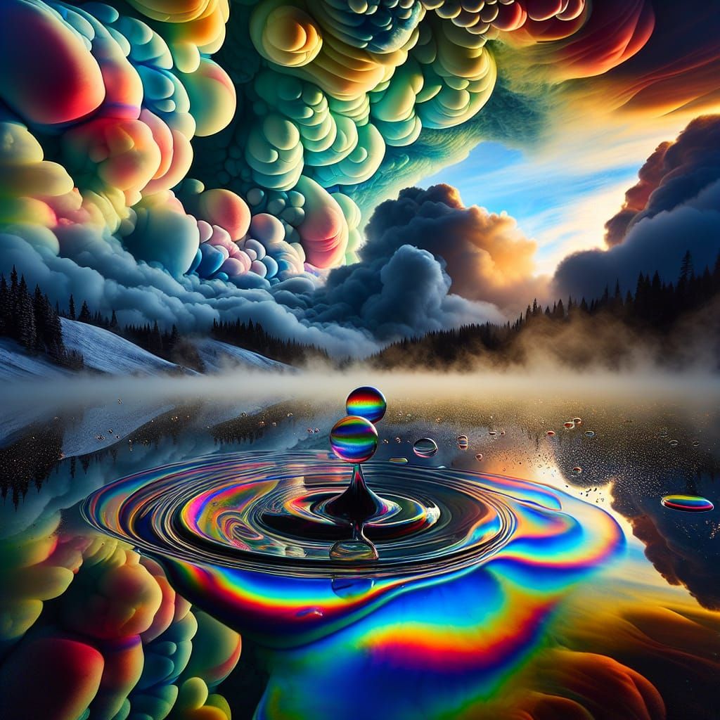 Lake of Colorful Fluid Frog in Surreal Landscape