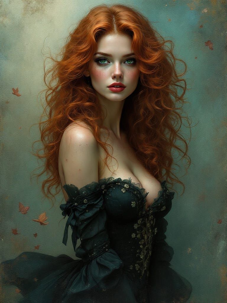 Pin-Up Woman with Copper Hair Amid Autumn Leaves