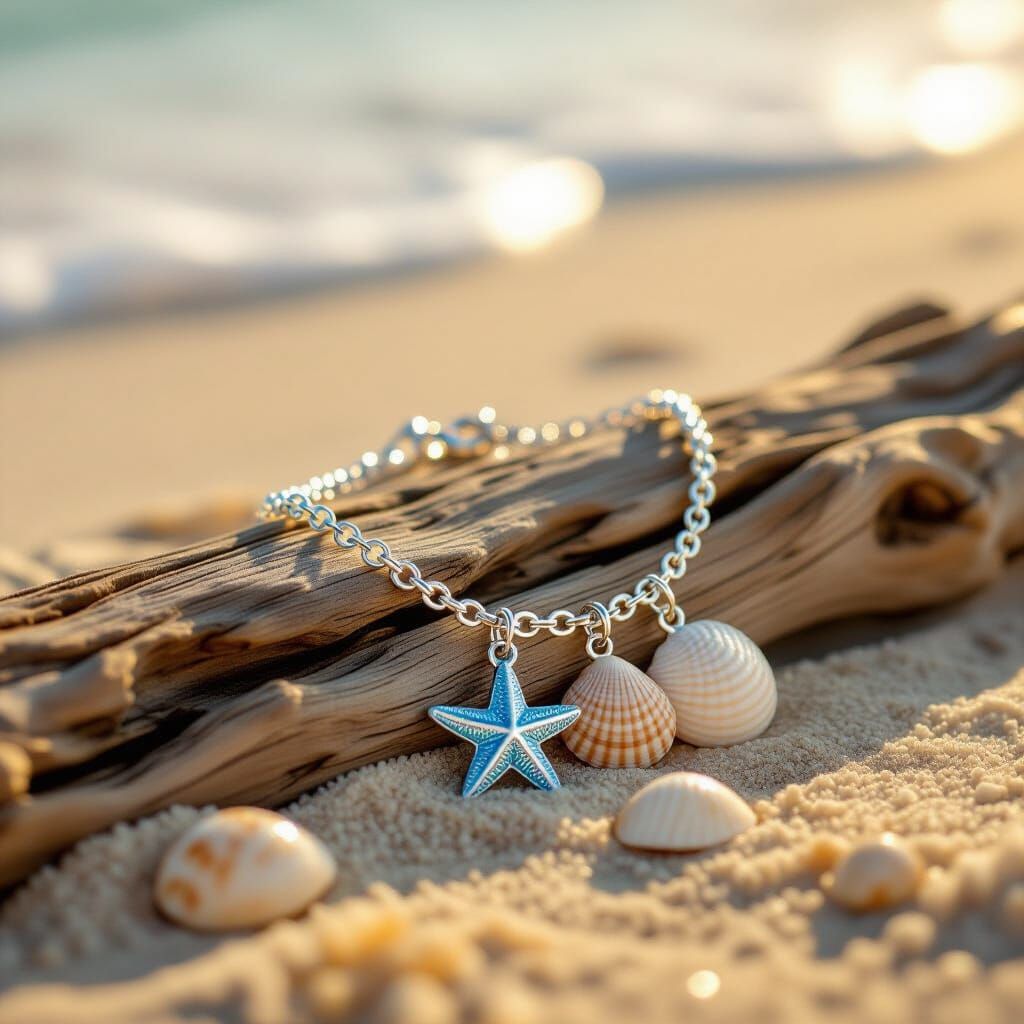 Silver Starfish Bracelet on Beach, Dreamlike Illustration