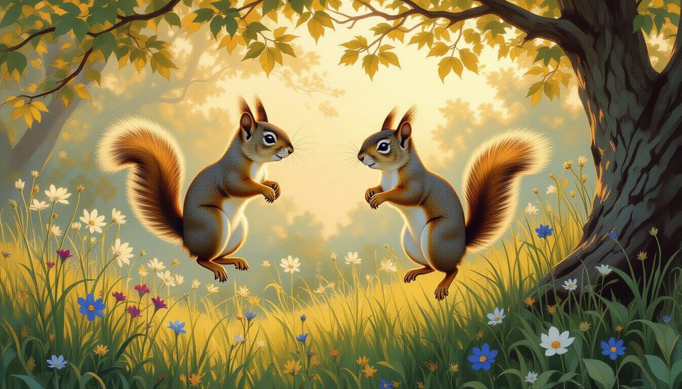Squirrels Jumping in Trees, Pre-Raphaelite Style