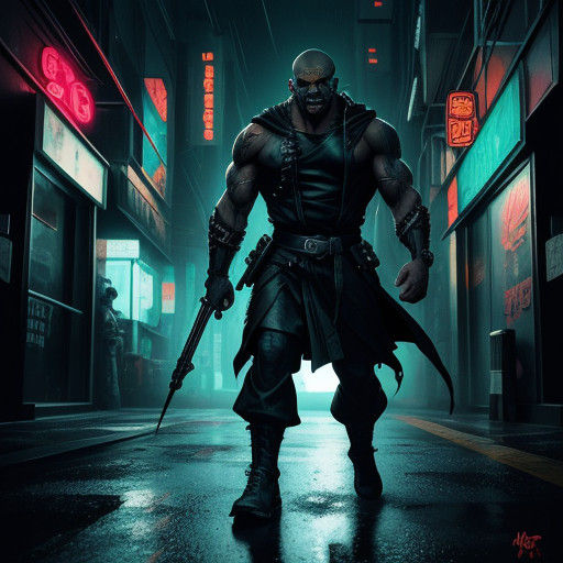 Cyberpunk Monk in Neon Cityscape