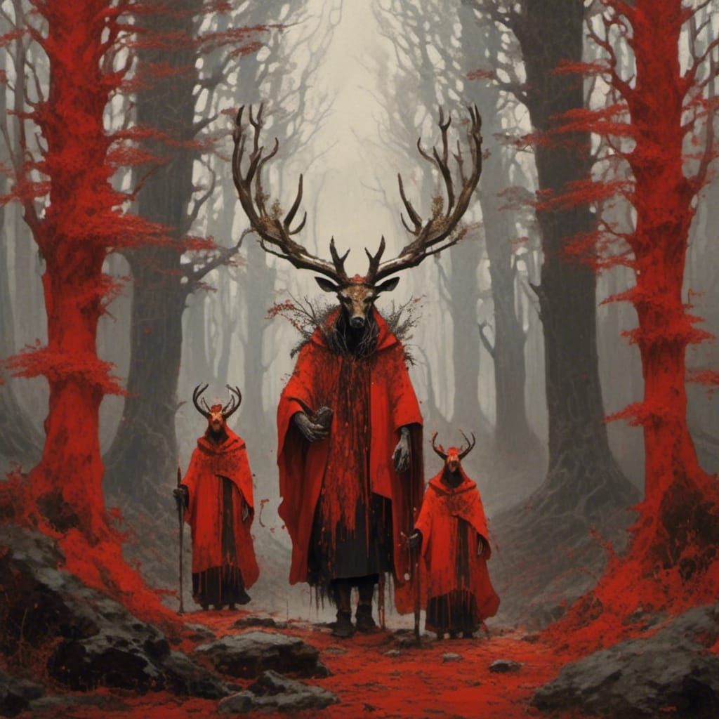 Pagan Priests in Red Forest with Stag God