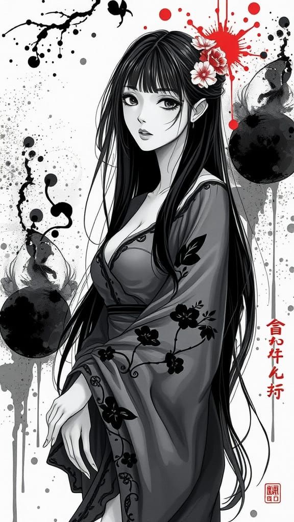 Mysterious Anime-Inspired Woman in Gothic Floral Portrait