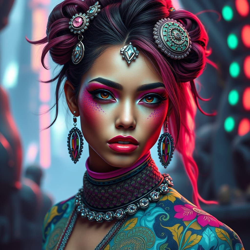 Woman in Futuristic Jewelry, Hyperrealistic Digital Art