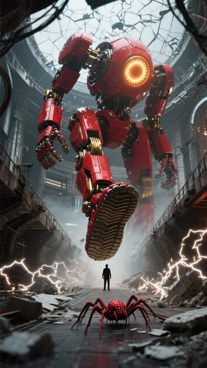 Colossal Red Mech Titan Over Crumbling Futuristic City