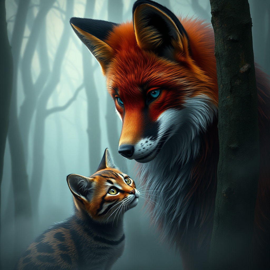 Fox and Cat Nose Touch in Misty Forest