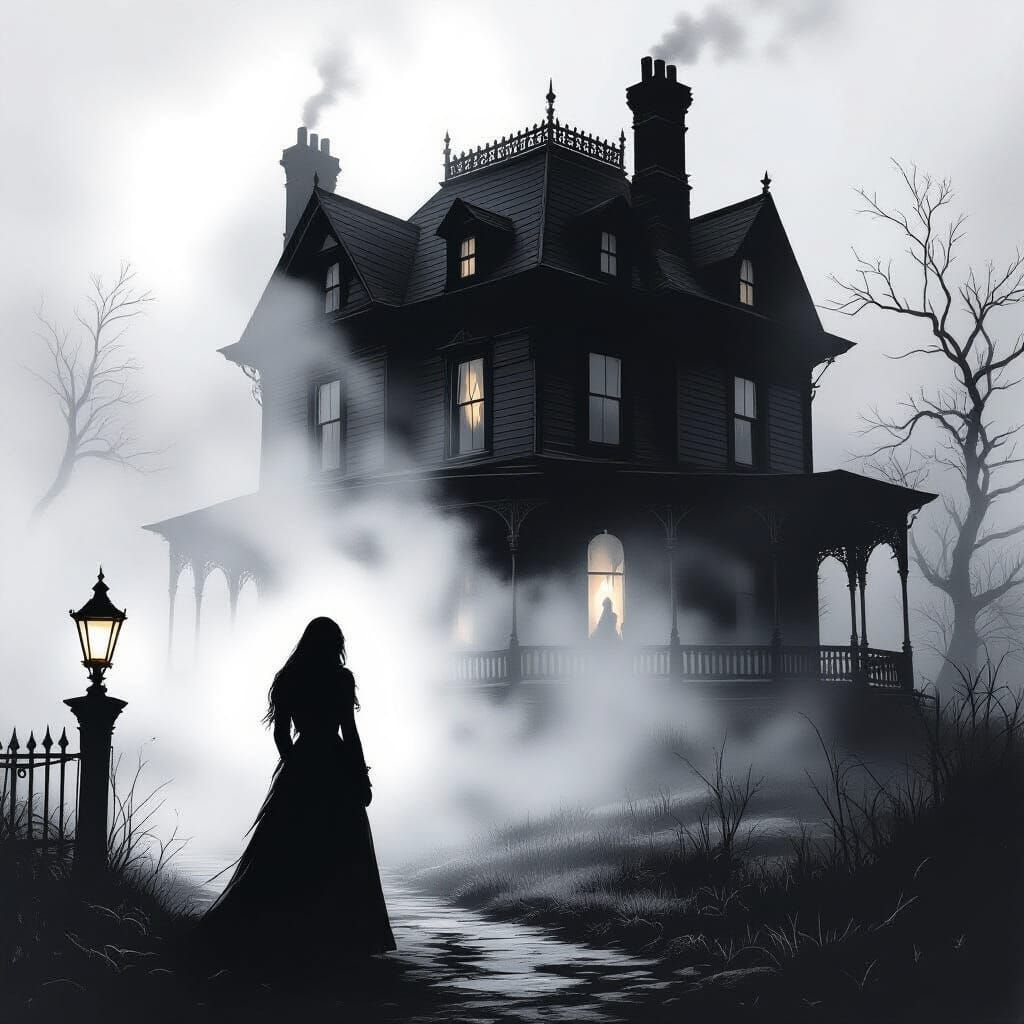 Eerie Victorian Mansion in Fog: Pen and Ink Illustration
