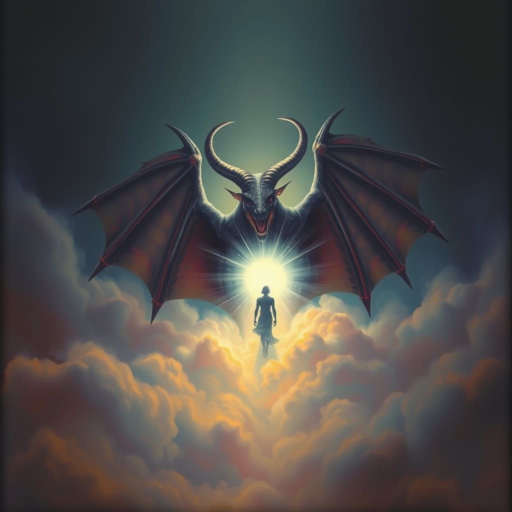 Giant horned creature walking from the clouds, it's worshipp...