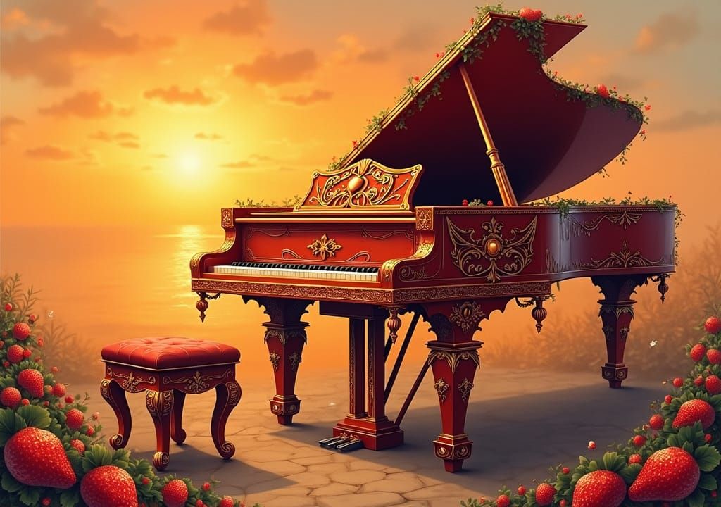 Strawberry Grand Piano in Impressionist Style