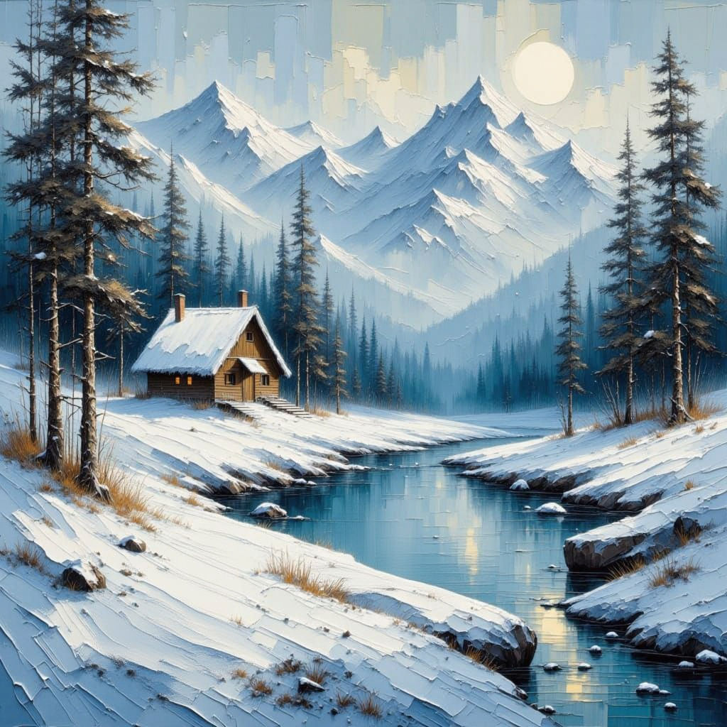 Alaskan Winter Landscape with Arctic Foxes in Bob Ross Style