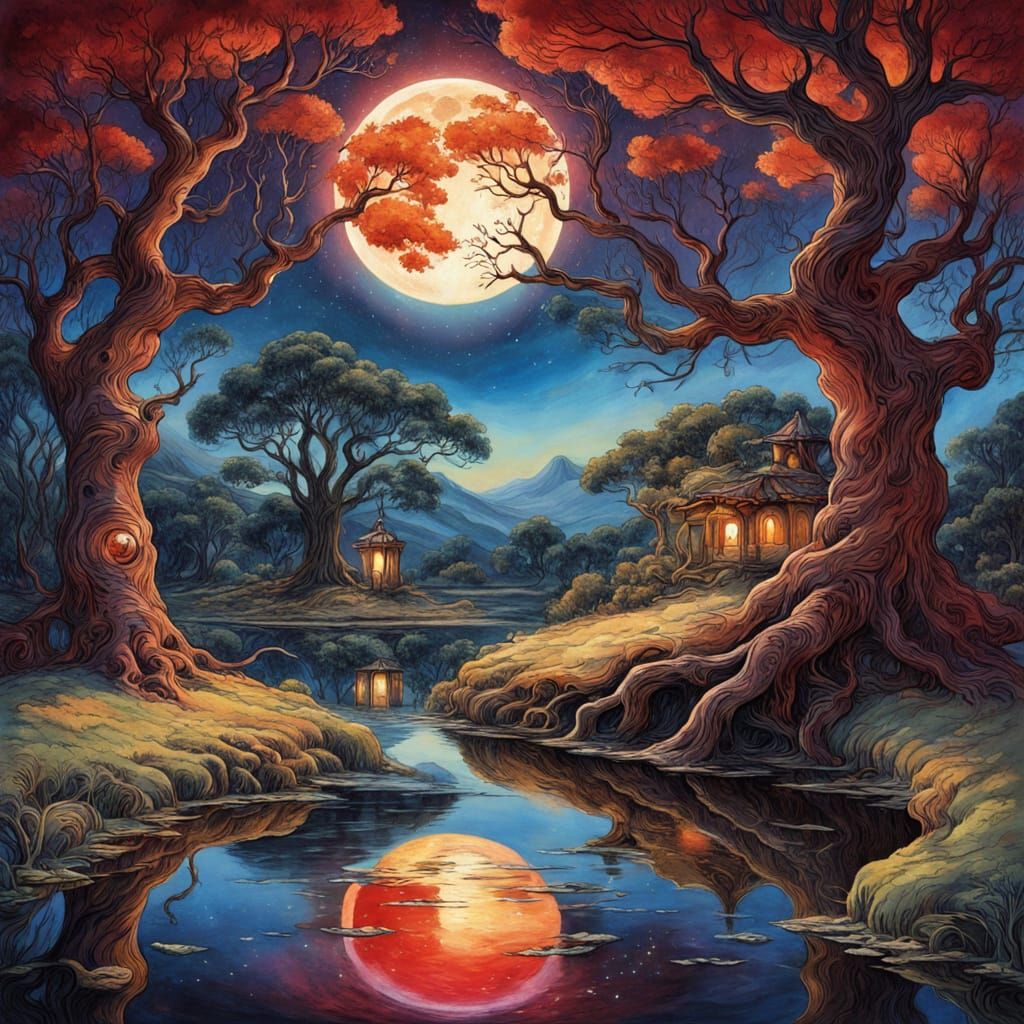 Blood Moon Reflection in Watercolor Landscape