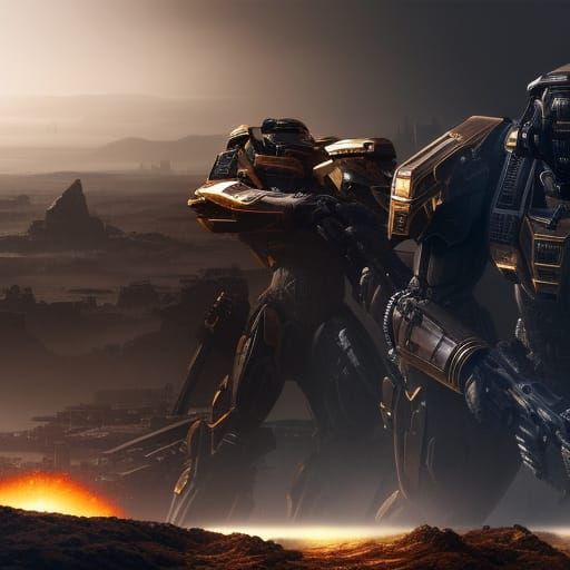 Epic Mech Battle Scene in Hyperrealistic Style