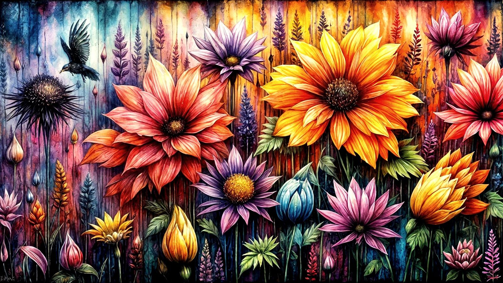 Abstract Floral Art with Vivid Colors and Dynamic Textures
