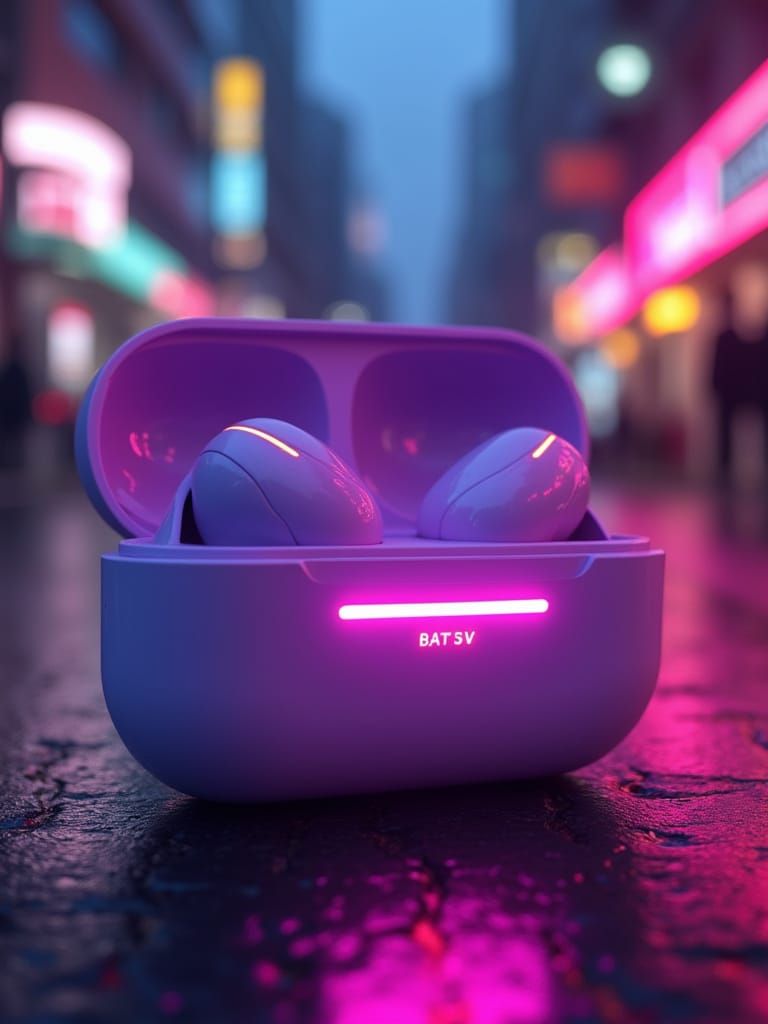 Futuristic Wireless Earbuds in Neon-Lit Case with Synthwave ...