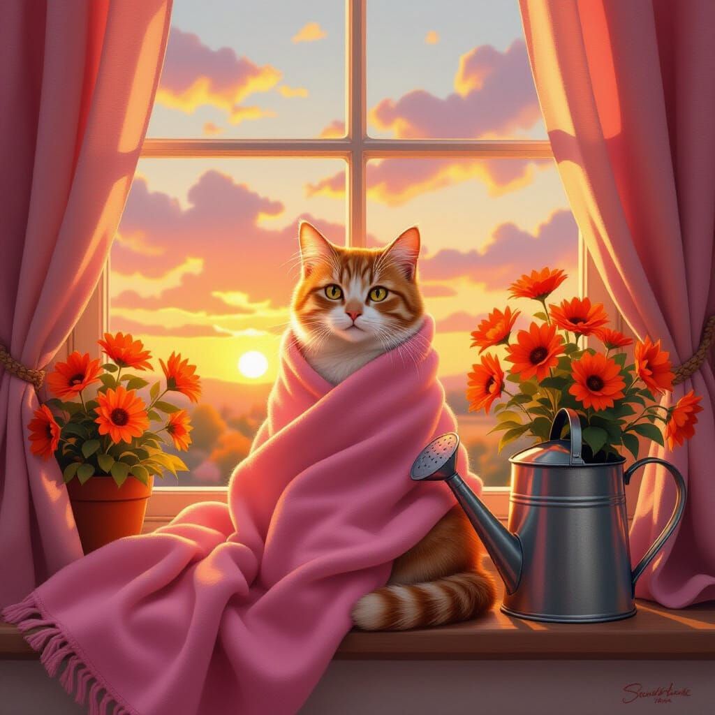 Ginger Cat in Cozy Sunset Scene as Gouache Painting