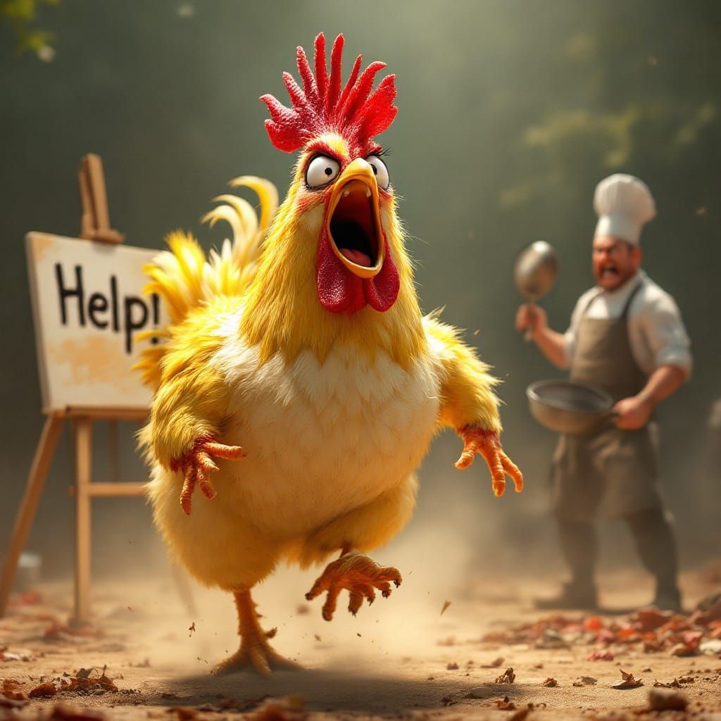Giant Colorful Chicken Chases Chef in Desperate Flight