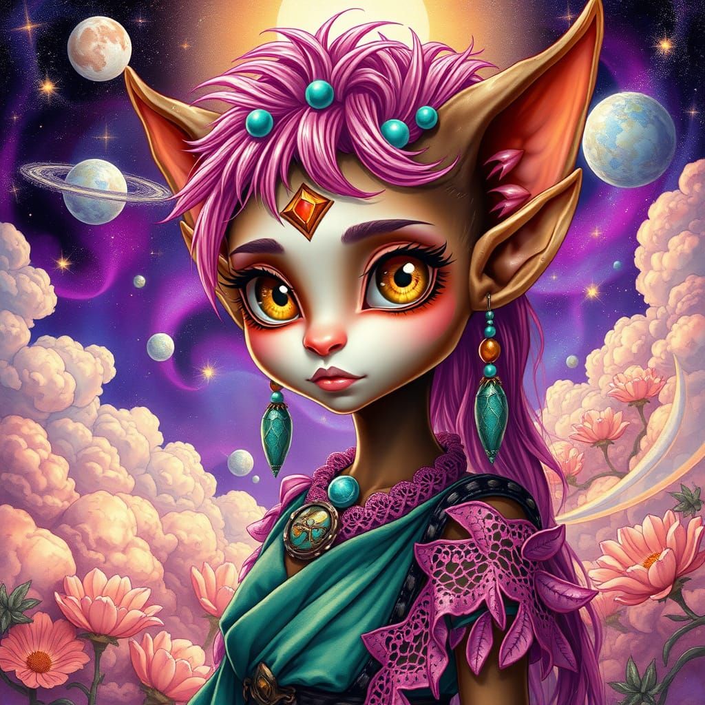 Elven Woman with Vitiligo in Holographic Astral Illustration