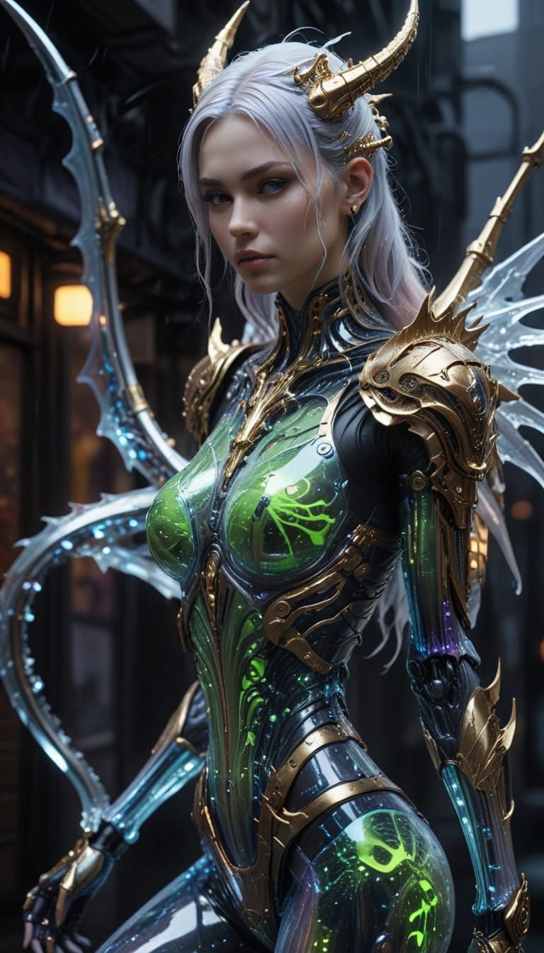 Cyberpunk Biomechanical Goddess Unveiled in Neon-Lit City