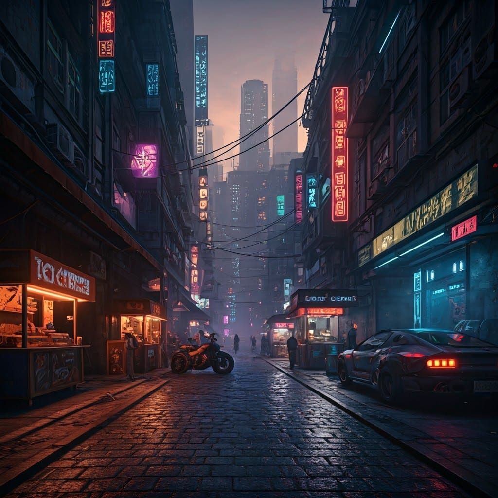 Cyberpunk City Street Scene with Futuristic Cars and Neon Li...