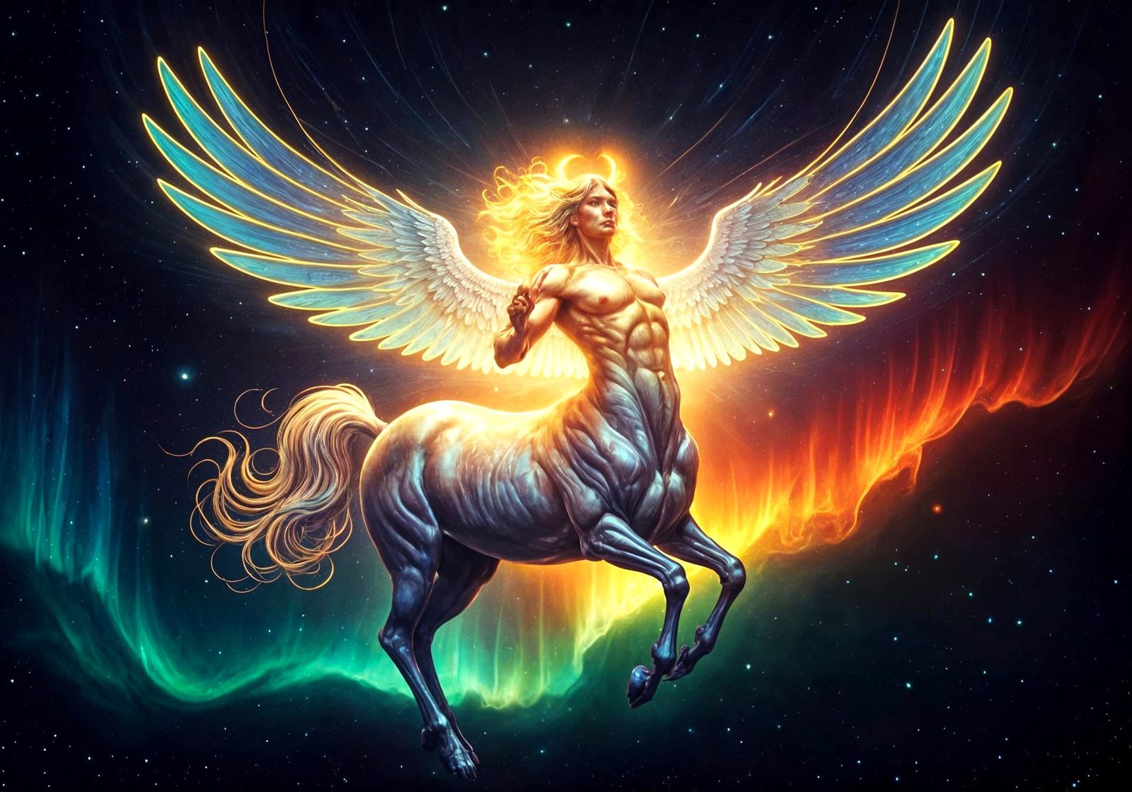 Flying Centaur in Psychedelic Sci-Fi Style