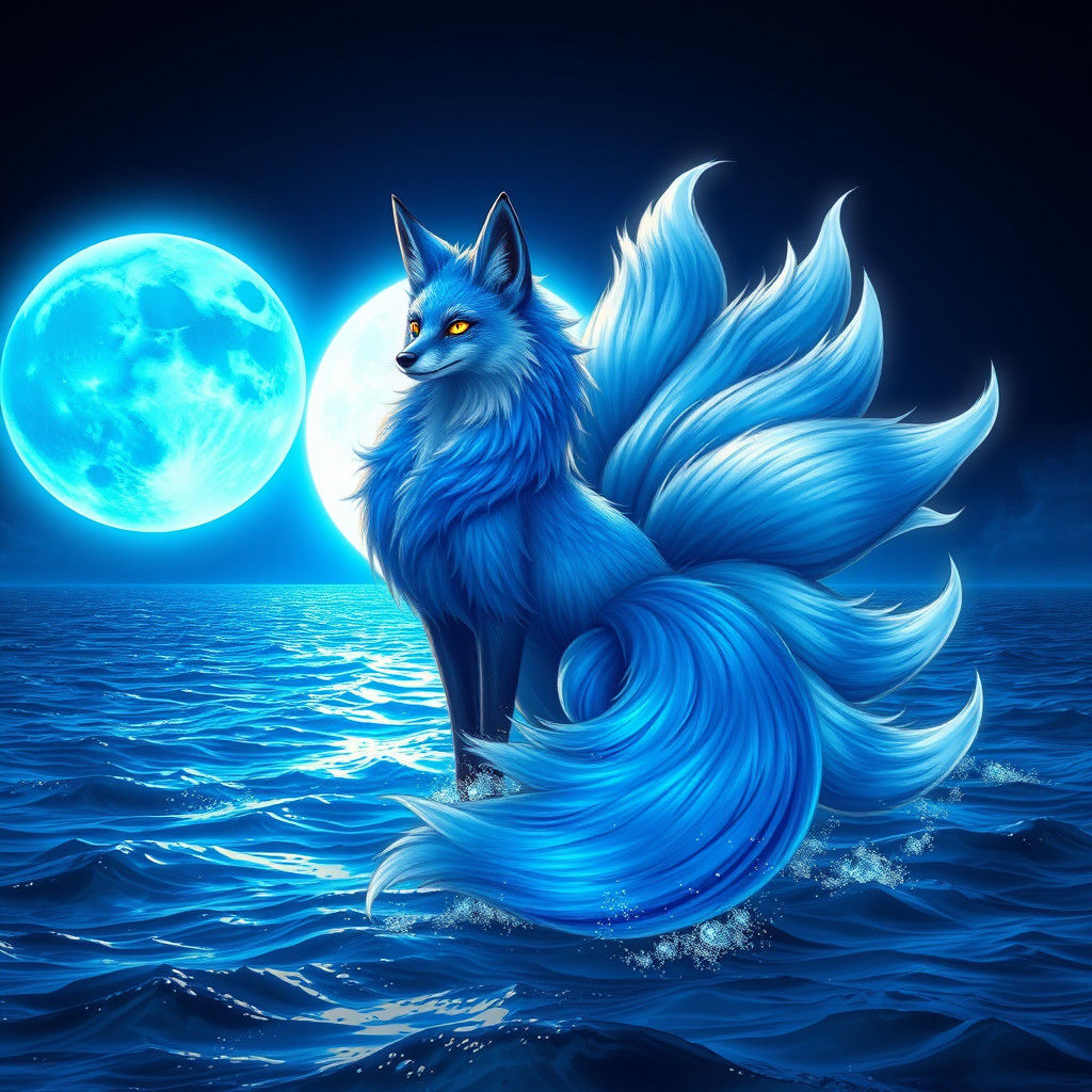 Electric Blue Nine-Tailed Fox Under Blue Moon
