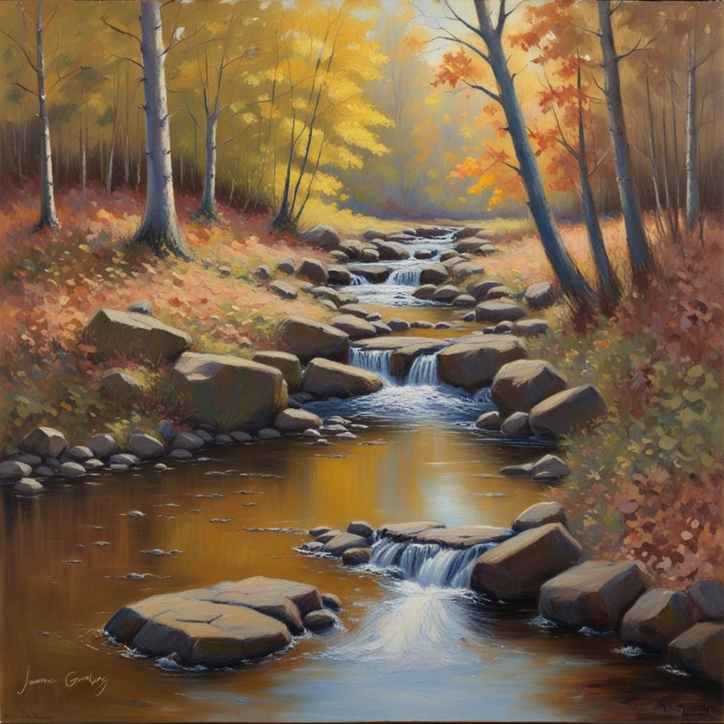 Serene Autumn Forest Stream, Oil Painting