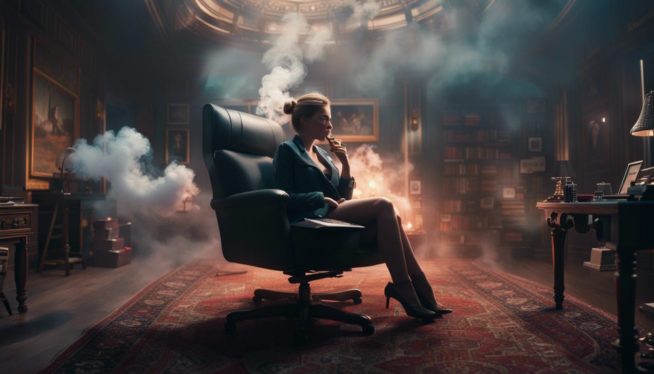 Girl Vaping in Smoky Office: Digital Matte Painting