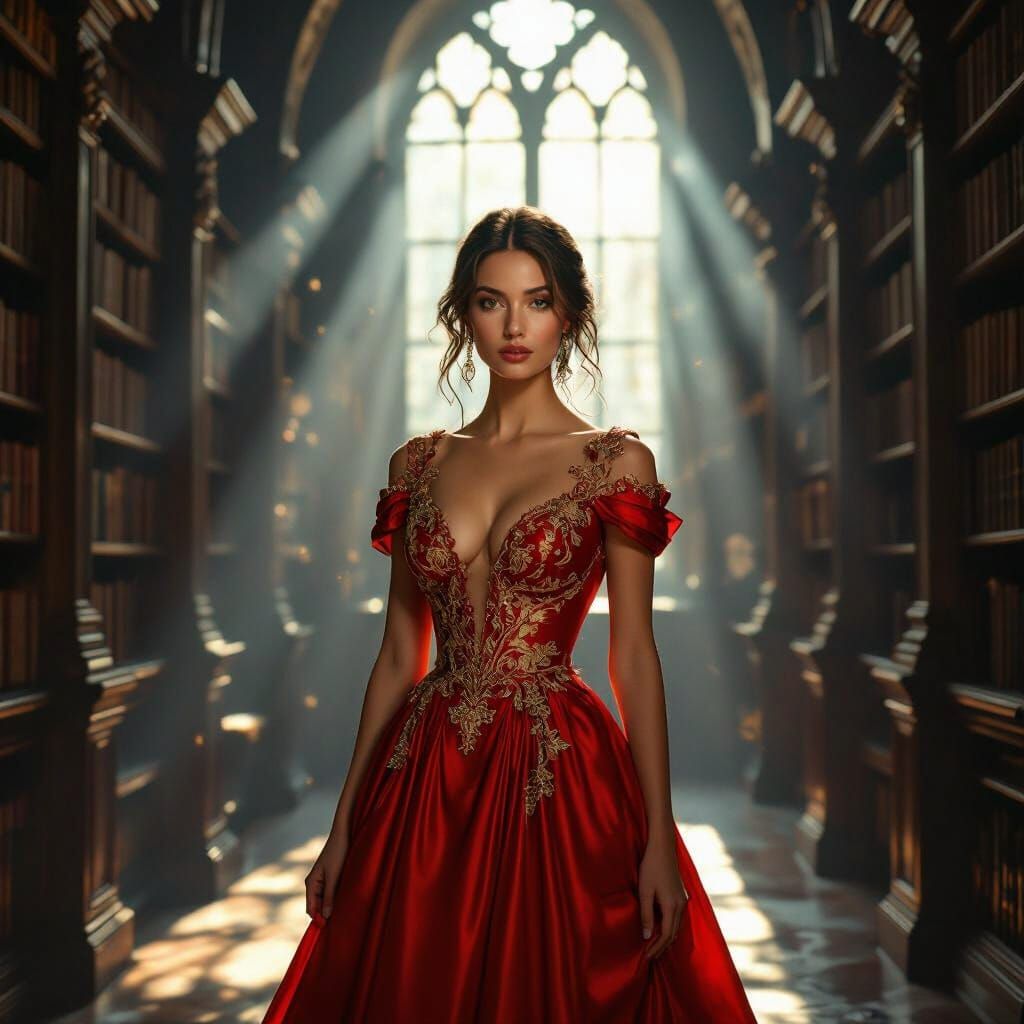Woman in Red Dress in Ancient Library