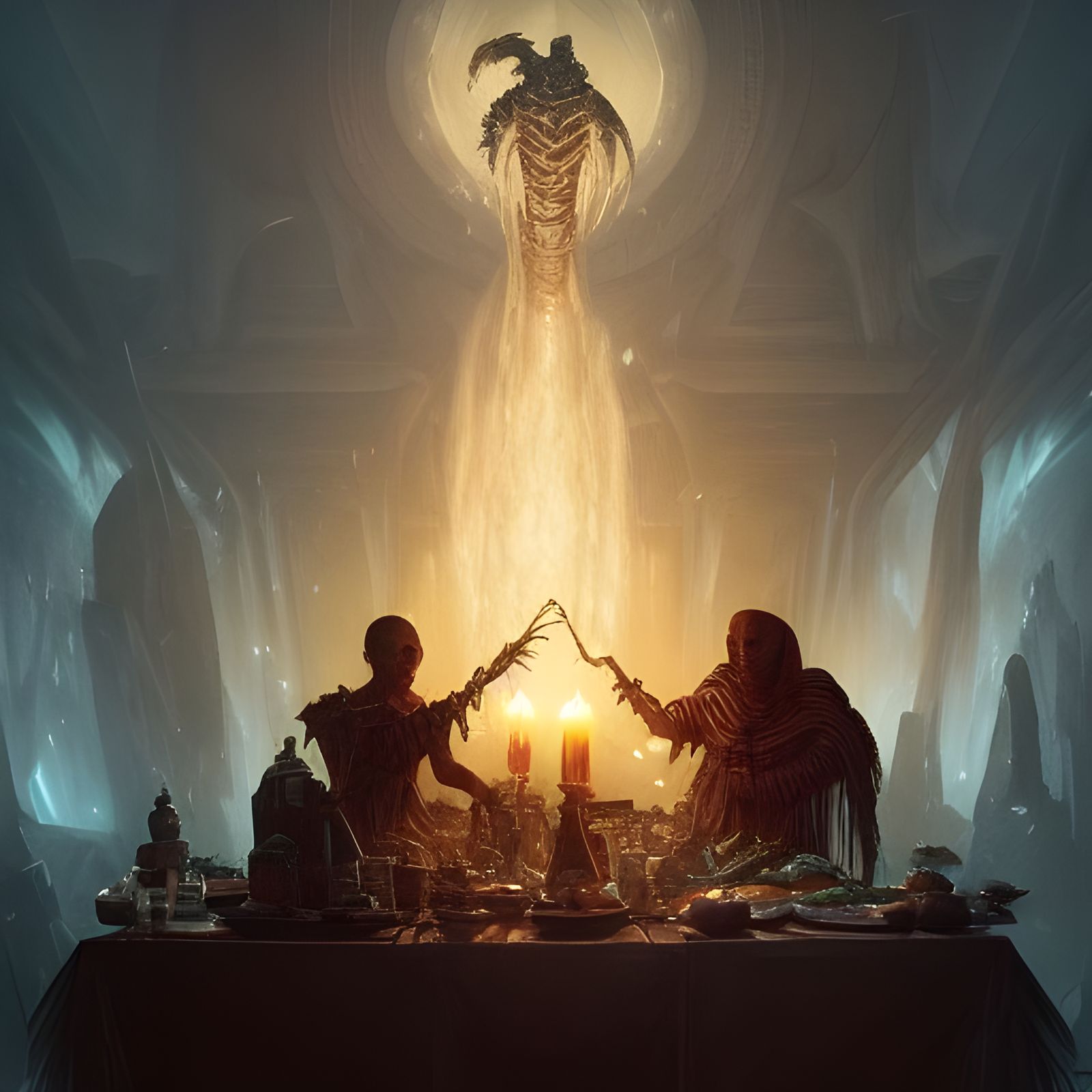 Lich and Mummy's Gourmet Dinner, Dark Fantasy Art
