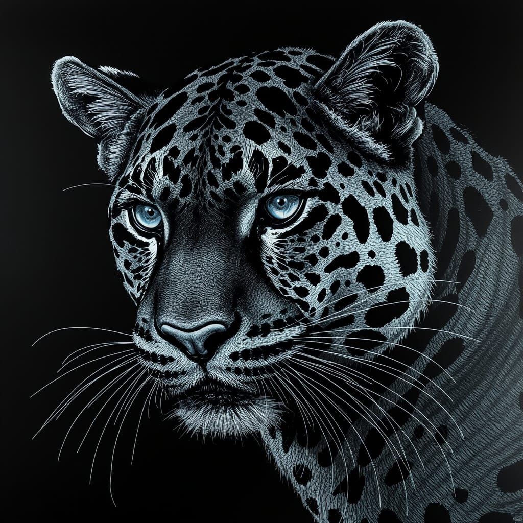 Intricately Detailed Jaguar Nightscape in Iridescent Blues a...