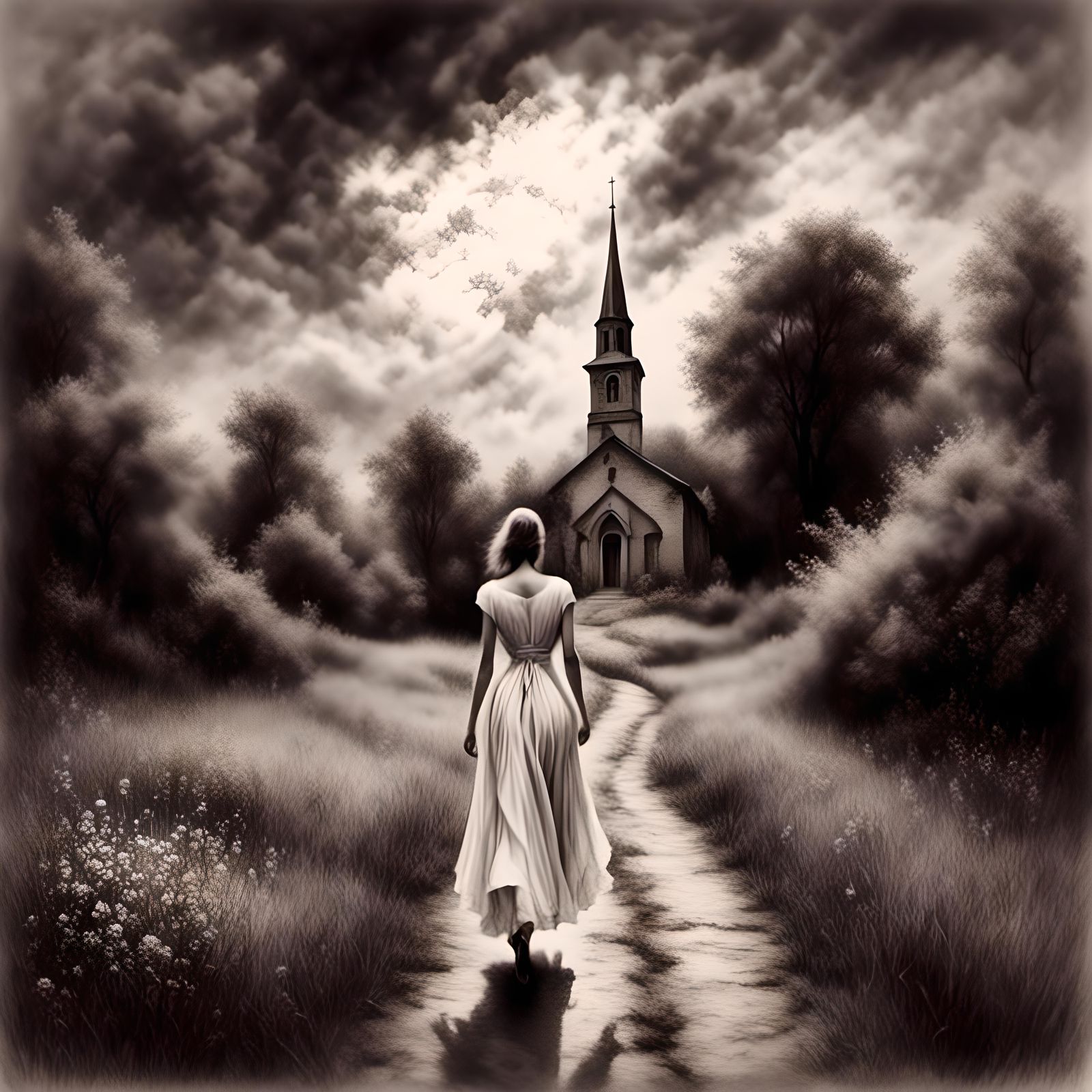 Pencil Sketch of Woman Leaving Rural Church