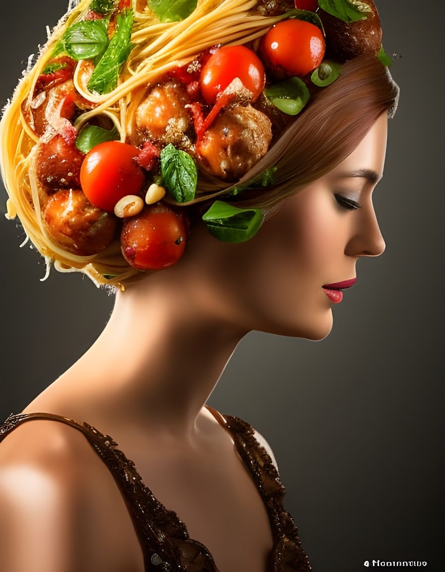 Spaghetti Goddess Portrait in Foodpunk Style