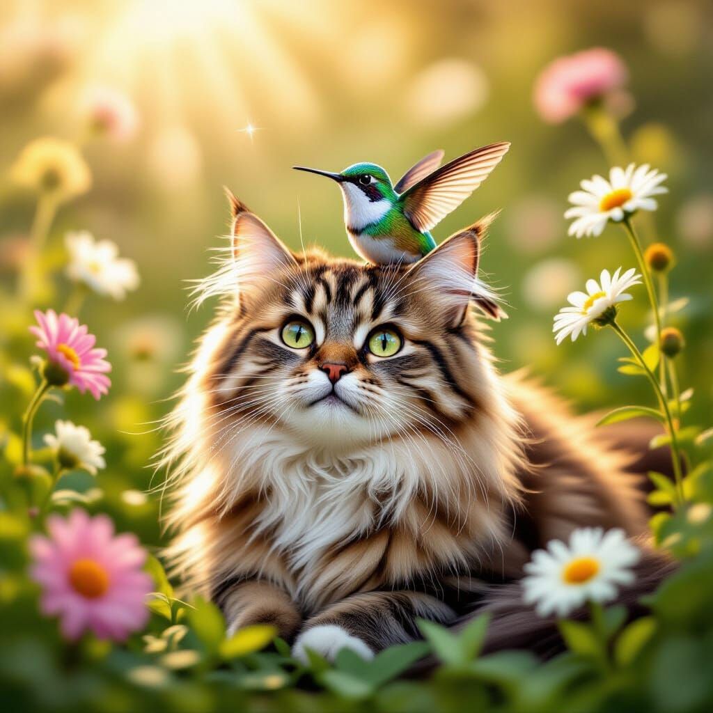 Whimsical Garden Scene: Cat and Hummingbird Friendship