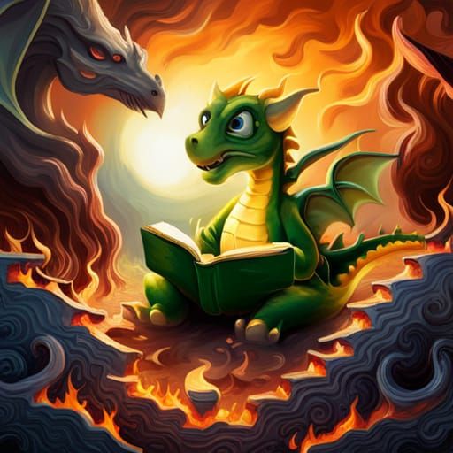 Cute Fire Dragon Reading Book in Magical Garden