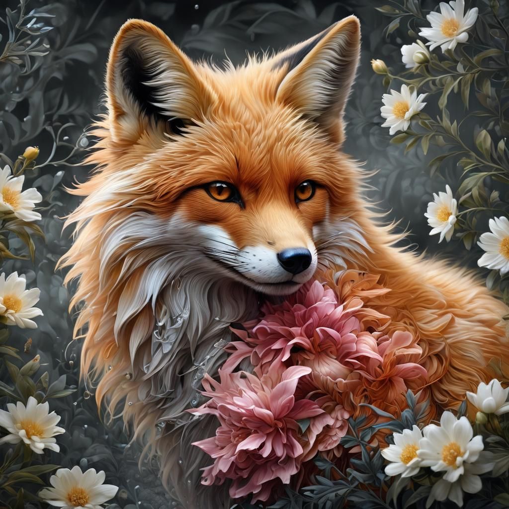 Airbrushed Diamond Fox with Peonies