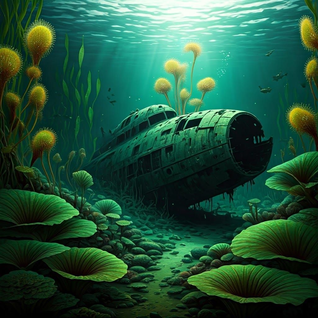 Underwater Starship Wreckage with Alien Flora and Fauna