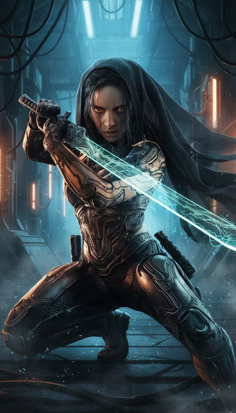 Cyberpunk Warrior Woman with Energy Sword