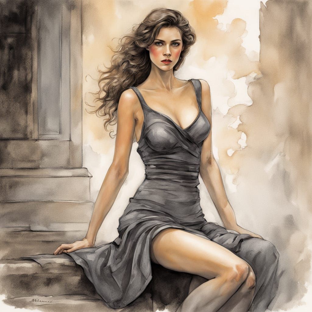 Elegant Woman in Pastel Ink and Oil Paint Style