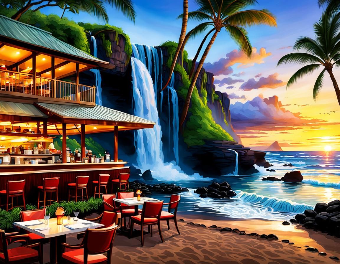 Hawaiian Sunset Cafe with Waterfall