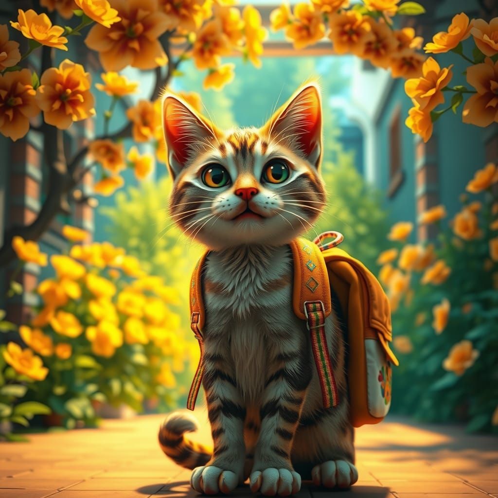 Student Cat in School Courtyard, Art Nouveau Style