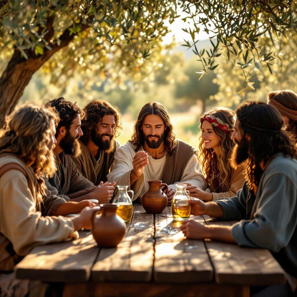 Jesus Blesses Water with Diverse Group at Golden Hour