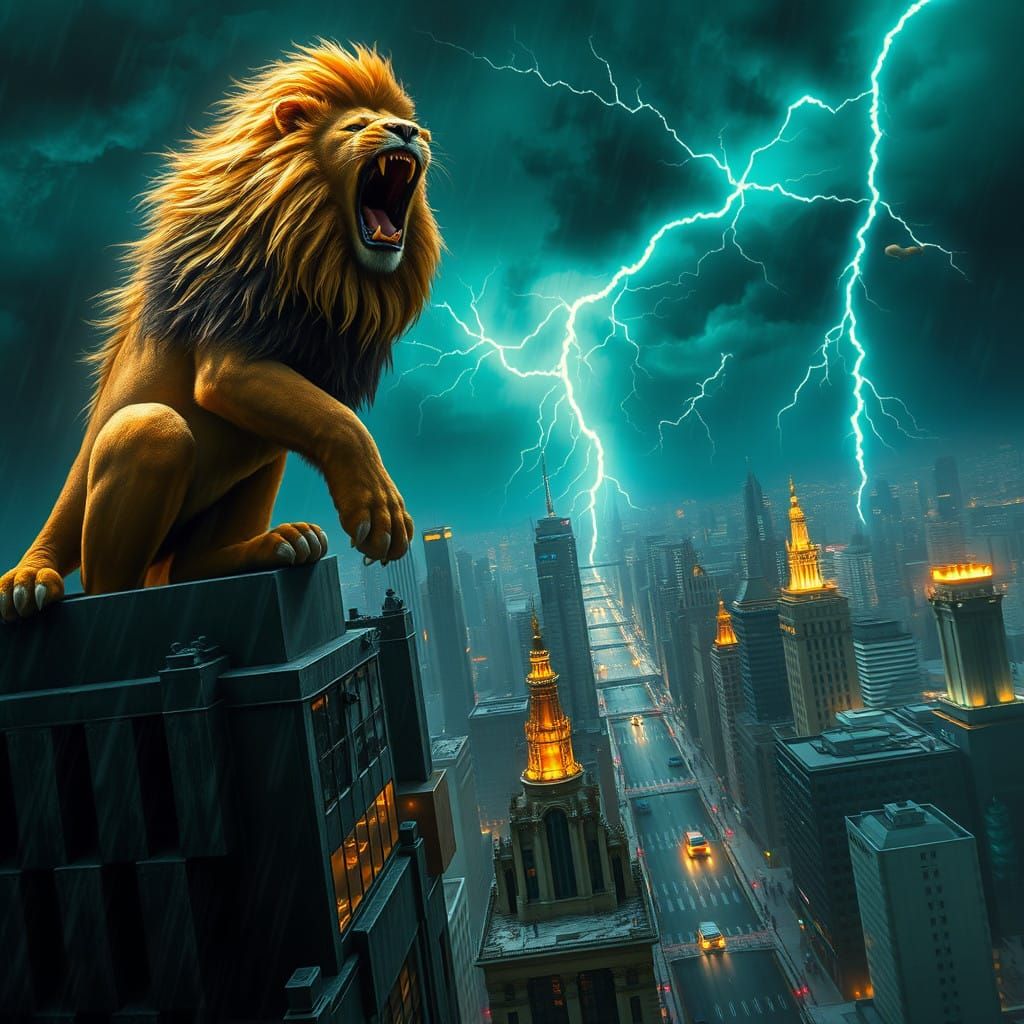 lion on city