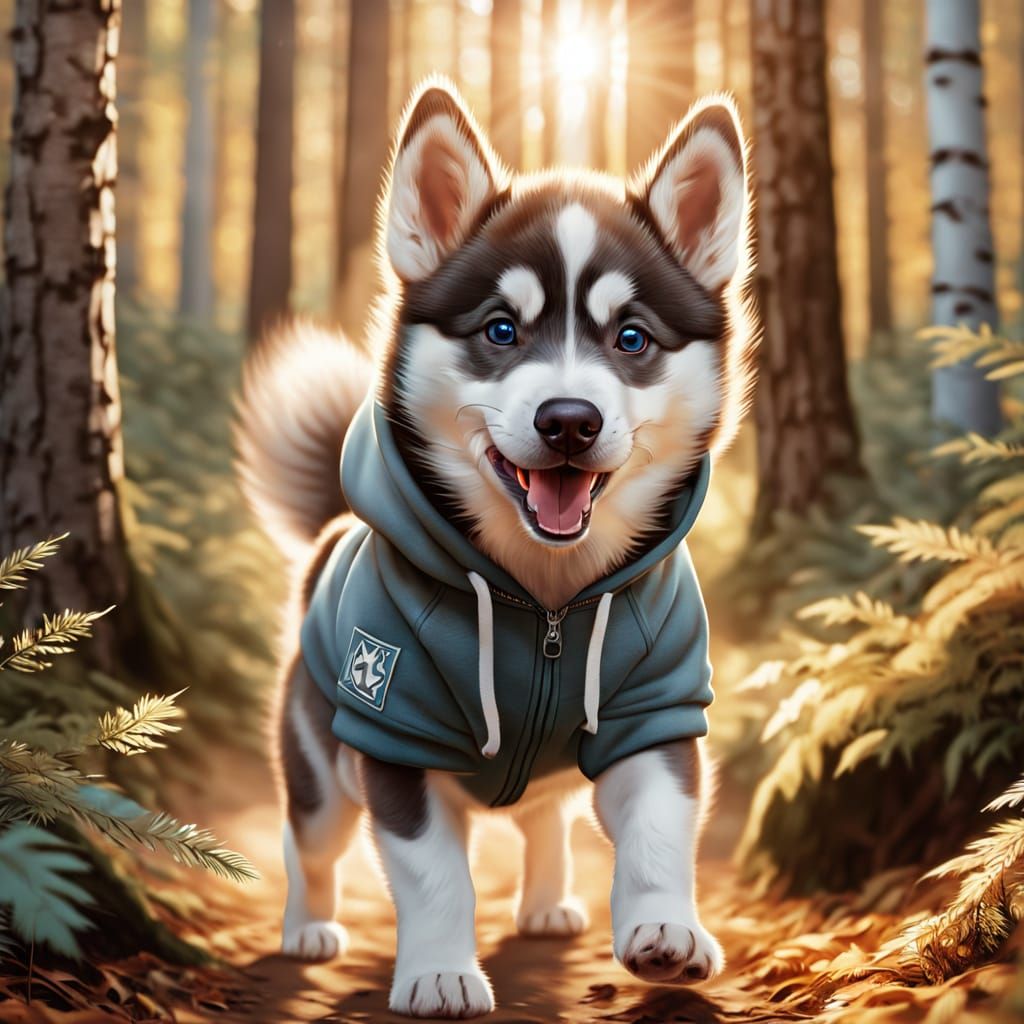 Adorable Husky Puppy in Cozy Autumn Woodland