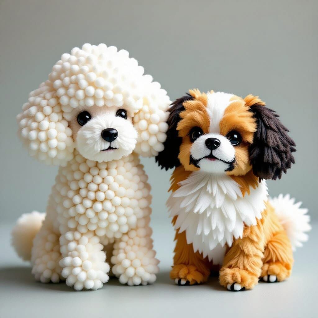 Textured mixed media 3d cute poodle and Pekingese made of wh...