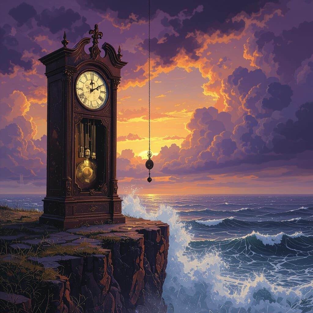 Grandfather Clock on Cliff Edge in Stormy Seas