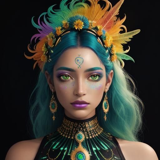 Cosmic Woman with Gold Skin and Peacock Feathers