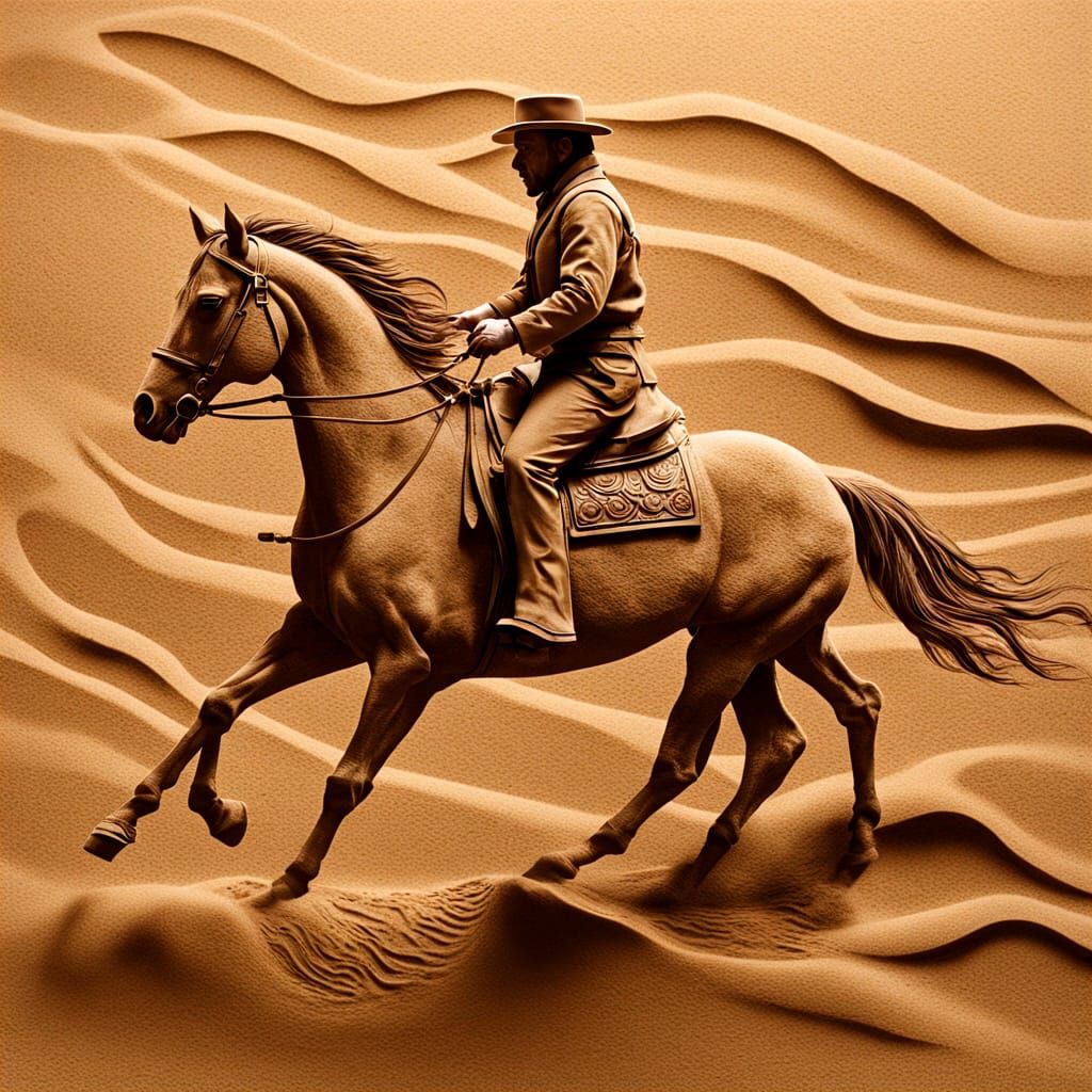 Sand Art Horse and Rider in Warm Desert Light