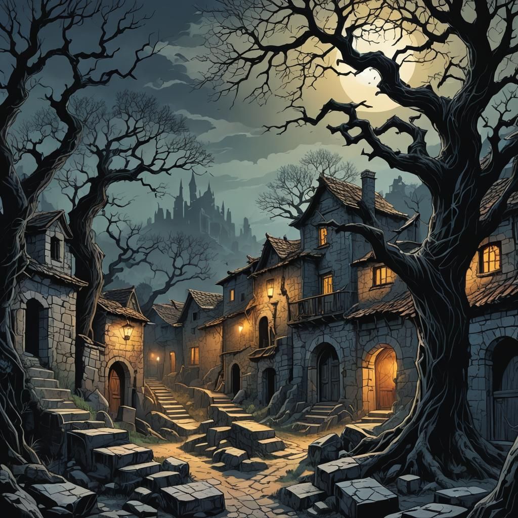 Dark Fantasy Turkish Village in Comic Book Style