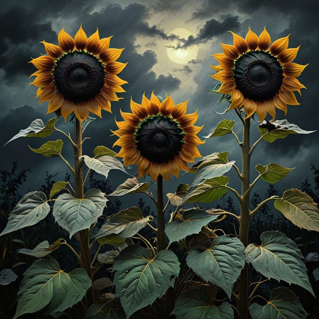 Dark Expressionist Black Sunflowers in Muted Greys and Deep ...