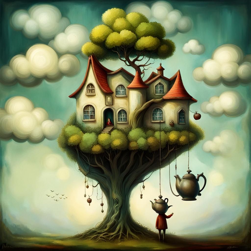Whimsical Traveler Scene with House and Tree